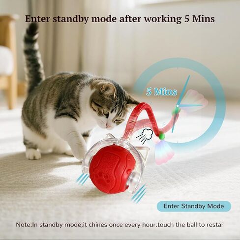 Interactive Cat Toy for Indoor Cats, Automatic Cat Ball Toy with Smart Obstacle Avoidance, 5 Sounds, 2 Tails, Rechargeable Moving Cat Toy for Bored Cats (Red) in Saudi Arabia
