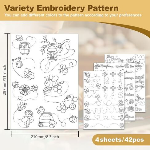 42Pcs Bee Tracks Water Soluble Hand Sewing Stabilizers, 8.3"x11.7" Bee Hive Word Embroidery Pattern Stabilizer, 4 Sheets Inect Stick and Stitch Embroidery Paper Sticker in Saudi Arabia