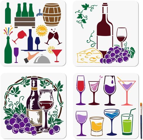 MAYJOYDIY 4 Pcs Grape Wine Stencils Cocktail Party Painting Stencil 11.8×11.8 inch Beer and Liquor Drawing Template with Paint Brush for Craft on Window Wood Wall Home Decor in Saudi Arabia