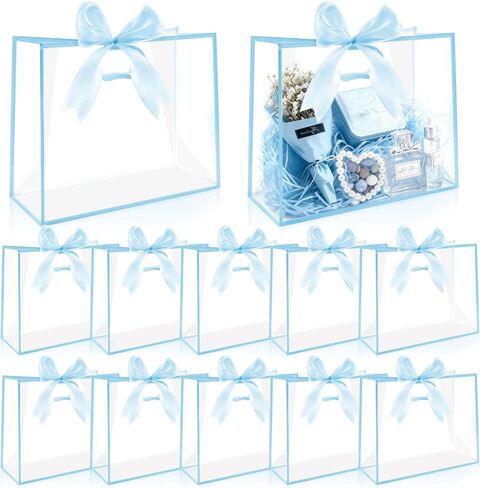 Sel Natural 12 Pcs Clear Gift Bags 12" x 10" x 5" Plastic Gift Wrapping Bag with Handles Reusable Party Favor Bag Bulks for Christmas Valentine's Day Wedding Bridal Shower Birthday (Red) in Saudi Arabia