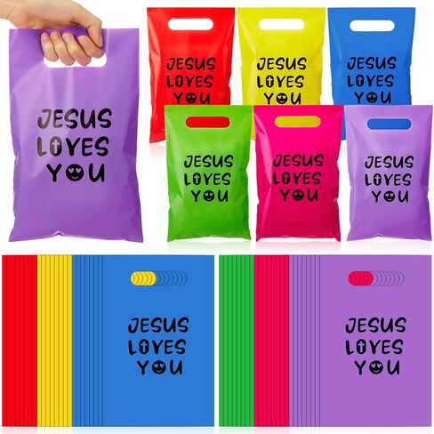 Cholemy 50 Pcs Jesus Loves You Gift Goody Bags Plastic Colorful Religious Christian Church Scripture God Bless Bible Cross Treat Candy Snack Bags for First Communion Party Favor in Saudi Arabia