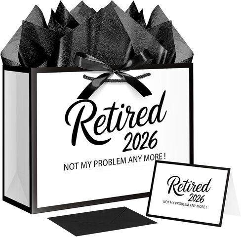 حقيبة هدايا JWSCYSY مقاس 12.6 بوصة للمتقاعدين لعام 2026 مع مناديل ورقية، حقيبة هدايا للتقاعد باللونين الأبيض والأسود المعدني مع بطاقة تهنئة للرجال والنساء لوازم ديكورات حفلات التقاعد. in Kuwait