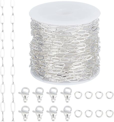 Beebeecraft 1 Roll 16.4 Feet/5m Paperclip Chain for Jewelry Making 925 Sterling Silver Plated Brass Cable Chain with 10Pcs Lobster Clasp 50Pcs Open Jump Ring for Necklace Bracelet Making Kits DIY in Saudi Arabia
