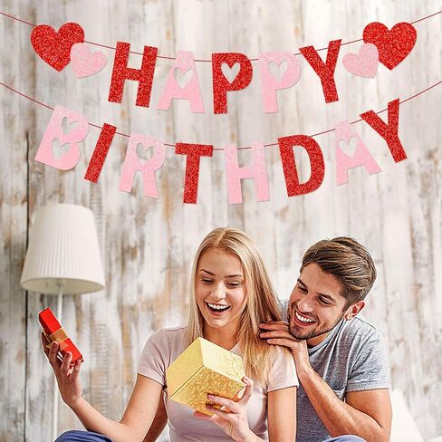 Valentines Birthday Banner Happy Birthday Banner Glitter Pink Birthday Decorations Banner for Galentines Day Decorations Happy Valentine’s Day Theme Birthday Party Supplies in Saudi Arabia