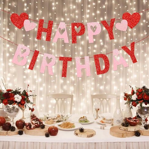 Valentines Birthday Banner Happy Birthday Banner Glitter Pink Birthday Decorations Banner for Galentines Day Decorations Happy Valentine’s Day Theme Birthday Party Supplies in Saudi Arabia