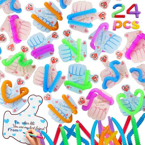 Preschool Valentines Day Gifts Cards for Toddlers，24 Packs Pop Tubes Fidget Toys Valentines Day Gifts for Kids School Classroom Party Favors Exchange in Saudi Arabia