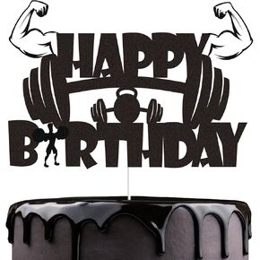 Gym Fitness Happy Birthday Cake Topper Black Glitter Cake Decorations Gym Sports Weightlifting Fit Fitness Barbell Boys Men Themed Birthday Party Supplies in Kuwait