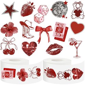 Whaline 1000 Pcs Valentine's Day Stickers Roll Vintage Red Heart Cherry Cool Aesthetic Downtown Girl Self Adhesive Decals for Wedding Anniversary Party DIY Craft Scrapbook Decor, 2 Rolls, 14 Design in Saudi Arabia