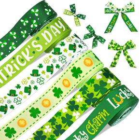 Whaline 6 Rolls St. Patrick's Day Grosgrain Ribbons 30 Yards Green Shamrock Clover Lucky Charm Fabric Craft Ribbon for Wreath Bow Gift Wrap Party Decor, 7/8" in Saudi Arabia