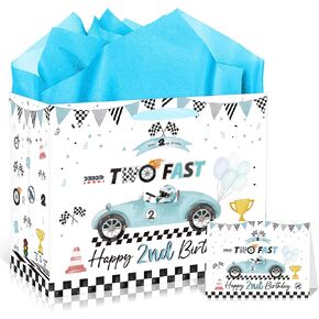 EoBeCy Two Fast Happy 2nd Birthday Gift Bags for Boys, Blue Racing Gift Bag with Handles, Tissue Paper and Greeting Card, Race Car Wrapping Paper for 2 Year Old Birthday Party Favor Supplies in Saudi Arabia