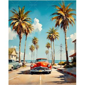 Coastal Street Paint by Numbers Kit for Adults - DIY Red Vintage Car with Palm Trees Painting on Canvas 16x20In, Acrylic Paint Set, Suitable for Beginners, Art for Home Decoration or Gifts in Kuwait