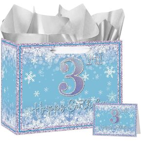 Large Snowflake 3rd Birthday Gift Bag, Blue Three Years Old Gift Bag with Card and Tissue Paper, Third Birthday Party Decorations for Girls, Winter Theme Party Favors, Celebrations Supplies in Saudi Arabia
