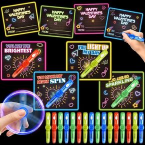 Shemira 24 Pack Valentines Day Cards for Kids, 24 Light Up Spinning Toy Pens for Valentines Gifts Exchange, Valentine School Classroom Favors for Kids Boys Girls, Valentines Cards for Kid in Saudi Arabia