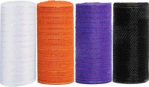 Black Deco mesh 6 inch, 4 Rolls Halloween Mesh Ribbon 30 Feet Each Roll Metallic Foil Decorative Mesh Rolls Fabric DIY Craft Wreath Making Supplies for Halloween Wreath Swags Home Party Decor in Kuwait