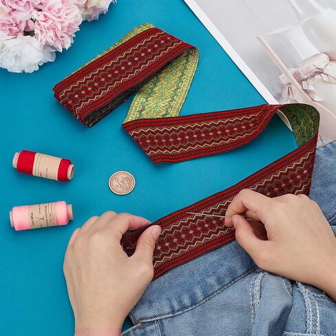 PH PandaHall 2 Inch Jacquard Ribbon 5 Yards Geometric Woven Trim Ethnic Ribbons Vintage Embroidered Ribbon Red Jacquard Braid Trim for Sewing Clothing Handmade Bag Decoration Gift Wrapping in Saudi Arabia