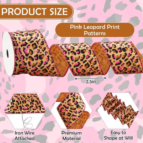 Whaline Leopard Print Wired Edge Velvet Ribbon 2.5 Inch Pink Animal Spot Decorative Wrapping Ribbon for DIY Crafts Wreath Bow Making, 12 Yard, Single-Sided in Saudi Arabia