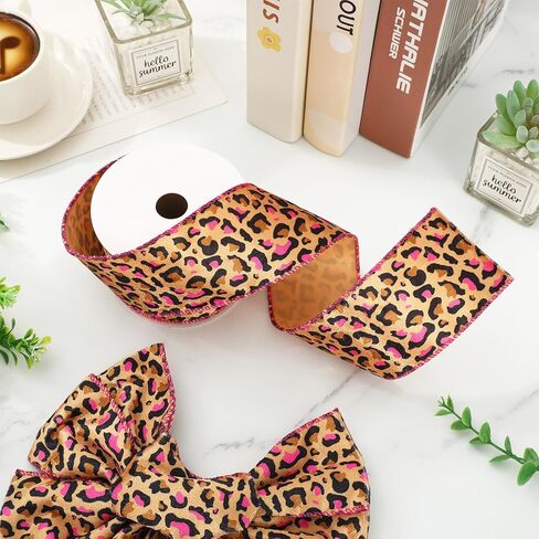Whaline Leopard Print Wired Edge Velvet Ribbon 2.5 Inch Pink Animal Spot Decorative Wrapping Ribbon for DIY Crafts Wreath Bow Making, 12 Yard, Single-Sided in Saudi Arabia