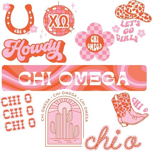 Chi Omega Sticker Sheet - Western Design Vinyl Sorority Stickers with Officially Licensed Designs, Removable Adhesive, 10 Stickers per Sheet, by Sorority Shop in Saudi Arabia