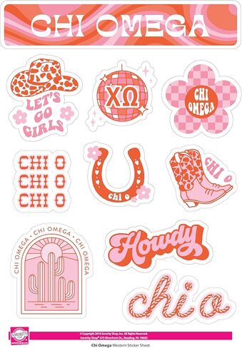 Chi Omega Sticker Sheet - Western Design Vinyl Sorority Stickers with Officially Licensed Designs, Removable Adhesive, 10 Stickers per Sheet, by Sorority Shop in Saudi Arabia