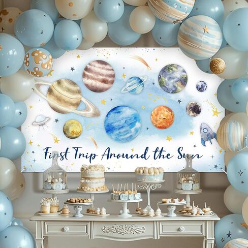 Avezano First Trip Around The Sun Birthday Banner Outer Space 1st Birthday Party Backdrop First Trip Around The Sun Decorations Banner for 1st Birthday Baby Shower Party (Blue) in Saudi Arabia
