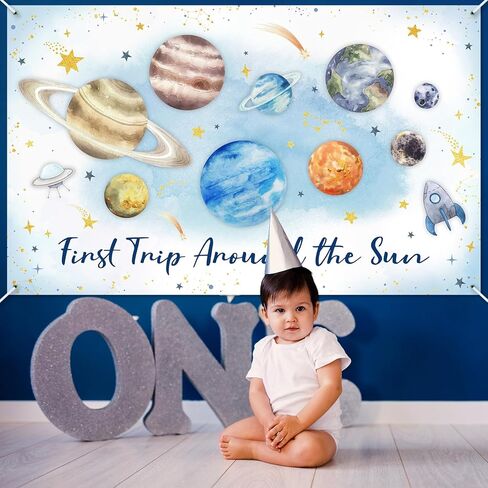 Avezano First Trip Around The Sun Birthday Banner Outer Space 1st Birthday Party Backdrop First Trip Around The Sun Decorations Banner for 1st Birthday Baby Shower Party (Blue) in Saudi Arabia