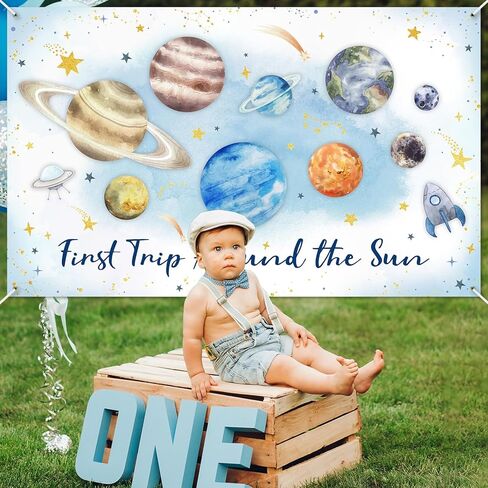 Avezano First Trip Around The Sun Birthday Banner Outer Space 1st Birthday Party Backdrop First Trip Around The Sun Decorations Banner for 1st Birthday Baby Shower Party (Blue) in Saudi Arabia