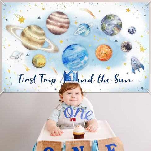 Avezano First Trip Around The Sun Birthday Banner Outer Space 1st Birthday Party Backdrop First Trip Around The Sun Decorations Banner for 1st Birthday Baby Shower Party (Blue) in Saudi Arabia