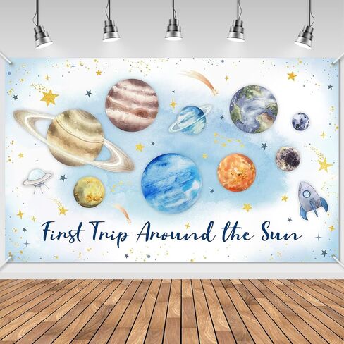 Avezano First Trip Around The Sun Birthday Banner Outer Space 1st Birthday Party Backdrop First Trip Around The Sun Decorations Banner for 1st Birthday Baby Shower Party (Blue) in Saudi Arabia
