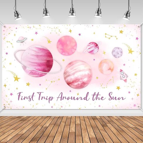 Avezano First Trip Around The Sun Birthday Banner Outer Space 1st Birthday Party Backdrop First Trip Around The Sun Decorations Banner for 1st Birthday Baby Shower Party (Blue) in Saudi Arabia