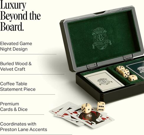 Preston Lane Chester Luxury Game Box – Wooden Playing Card & Dice Set with Velvet Lining – Burled Wood & Black Lacquer Finish – Coffee Table Décor or Gift in Saudi Arabia