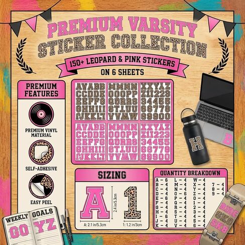 مجموعة ملصقات الحروف الأبجدية من Pink Cheetah Varsity - أكثر من 150 ملصق حروف من الفينيل المقاوم للماء، بطول 2.4 بوصة للفنون والحرف اليدوية والملصقات وسجلات القصاصات والتخصيص in Saudi Arabia