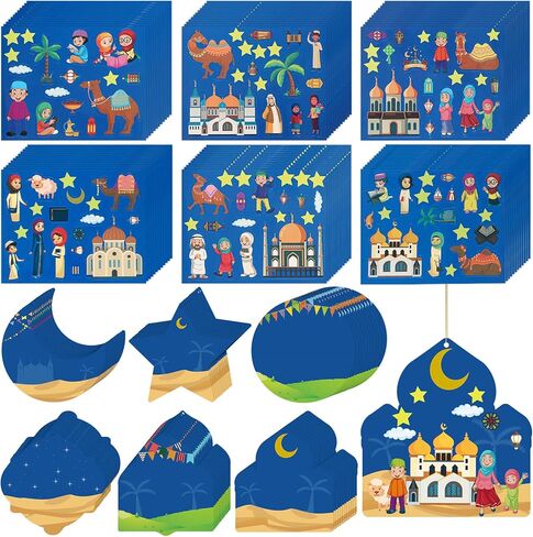 Yinder 72 Set Eid Mubarak Stickers Craft Kits Mosque Scene Ramadan Stickers DIY Crafts Religious Hanging Ornament Decoration for Eid Party Favor in Saudi Arabia