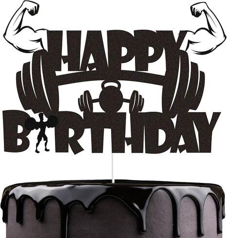 Gym Fitness Happy Birthday Cake Topper Black Glitter Cake Decorations Gym Sports Weightlifting Fit Fitness Barbell Boys Men Themed Birthday Party Supplies in Kuwait