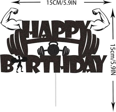Gym Fitness Happy Birthday Cake Topper Black Glitter Cake Decorations Gym Sports Weightlifting Fit Fitness Barbell Boys Men Themed Birthday Party Supplies in Kuwait