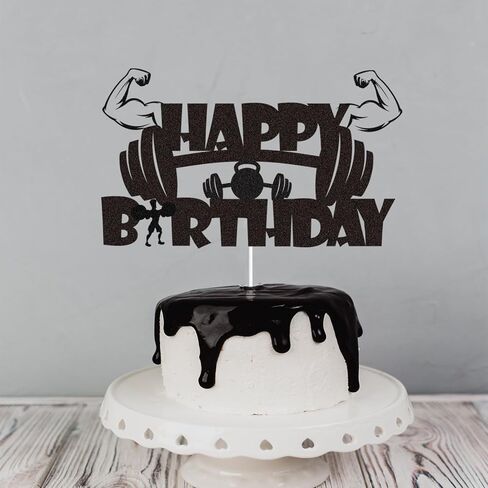 Gym Fitness Happy Birthday Cake Topper Black Glitter Cake Decorations Gym Sports Weightlifting Fit Fitness Barbell Boys Men Themed Birthday Party Supplies in Kuwait