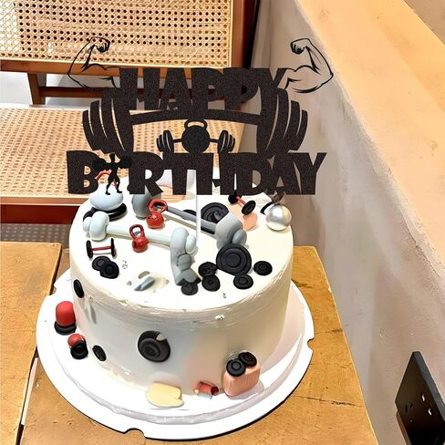 Gym Fitness Happy Birthday Cake Topper Black Glitter Cake Decorations Gym Sports Weightlifting Fit Fitness Barbell Boys Men Themed Birthday Party Supplies in Kuwait