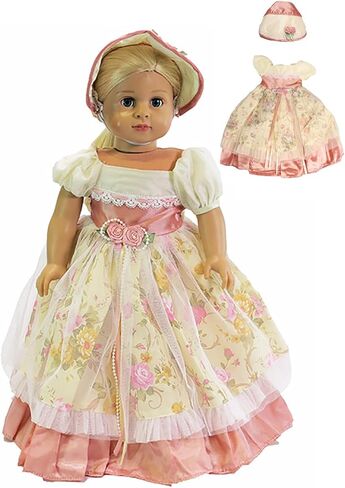 American Fashion World Pink Floral Colonial Dress for 18 Inch Dolls with Matching Bonnet in Saudi Arabia