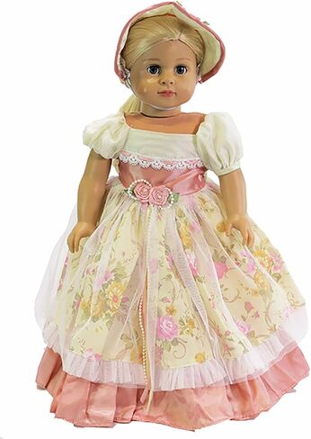 American Fashion World Pink Floral Colonial Dress for 18 Inch Dolls with Matching Bonnet in Saudi Arabia