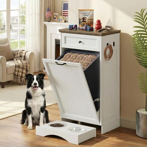 13’’ D x 21’’W x 39’’ H Dog Feeding Station with Storage, Tilt Out Dog Food Cabinet with Drawer, 2 Feeding Bowls, Pet Food Storage, Cat Feeding Station, (White Oak Grain) in Saudi Arabia