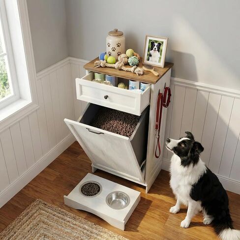 13’’ D x 21’’W x 39’’ H Dog Feeding Station with Storage, Tilt Out Dog Food Cabinet with Drawer, 2 Feeding Bowls, Pet Food Storage, Cat Feeding Station, (White Oak Grain) in Saudi Arabia