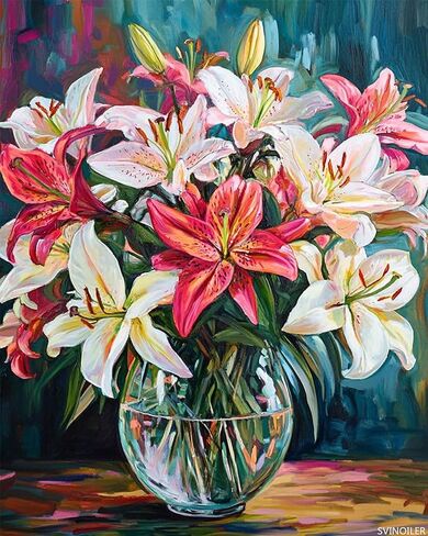 Lilies Bouquet Paint by Numbers Kits for Adults Beginners DIY Acrylic Oil Painting Kits on Canvas Easy to Paint Strong Colors Oil Paintwork for Home Decor 16x20inch (Without Frame) in Saudi Arabia