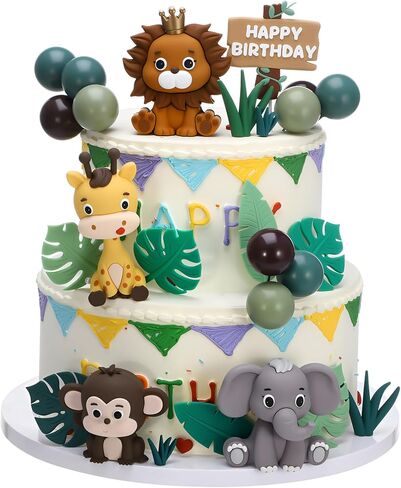 40 Pcs Safari Animal Cake Topper, Realistic Jungle Wild Cake Toppers Animal Figurines with Leaves Grass Balls Cake Decorations for Animals Themed Birthday Party Baby Shower Decorations in Saudi Arabia