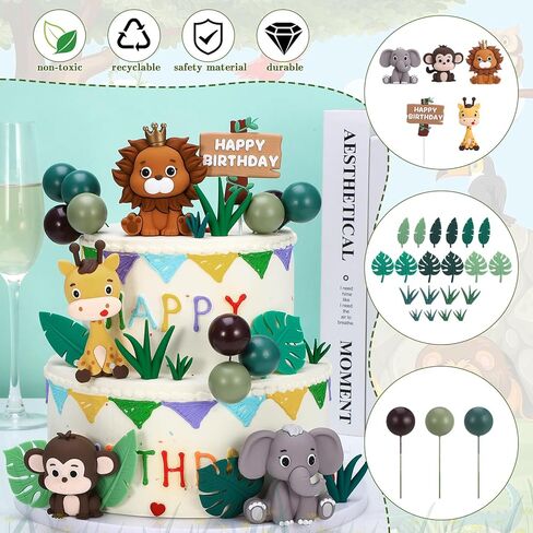 40 Pcs Safari Animal Cake Topper, Realistic Jungle Wild Cake Toppers Animal Figurines with Leaves Grass Balls Cake Decorations for Animals Themed Birthday Party Baby Shower Decorations in Saudi Arabia