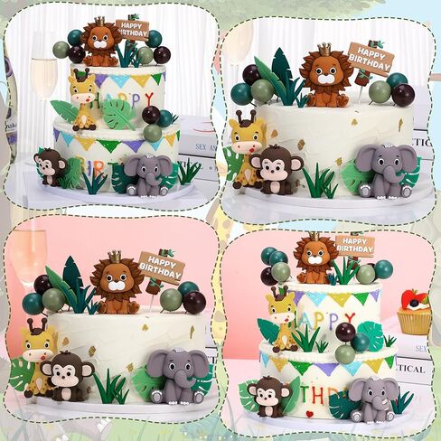 40 Pcs Safari Animal Cake Topper, Realistic Jungle Wild Cake Toppers Animal Figurines with Leaves Grass Balls Cake Decorations for Animals Themed Birthday Party Baby Shower Decorations in Saudi Arabia