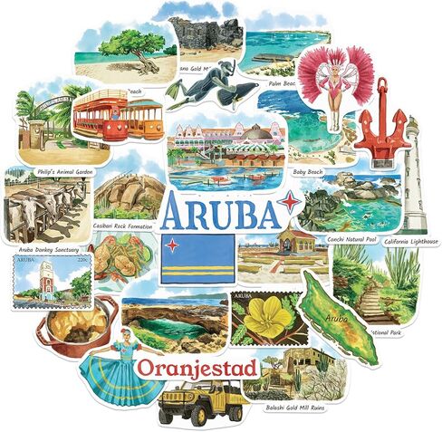 Navy Peony Relaxing Aruba Travel Stickers (28pcs)-Watercolor, Caribbean, Oranjestad, Aruban-Themed Vacation Stickers for Scrapbooks, Journals in Saudi Arabia
