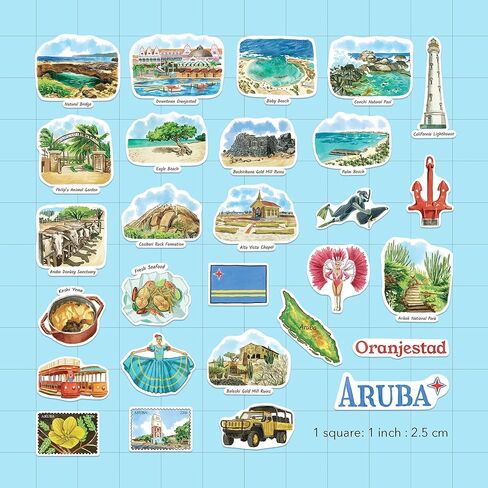 Navy Peony Relaxing Aruba Travel Stickers (28pcs)-Watercolor, Caribbean, Oranjestad, Aruban-Themed Vacation Stickers for Scrapbooks, Journals in Saudi Arabia