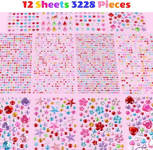 DIYASY 3228 Pcs Gem Stickers, Self Adhesive Rhinestone Jewel DIY Crafts Acrylic Gems Stickers Star Heart Round Shapes Diamond Sticker Supplies for Kids 12 Sheets in Saudi Arabia