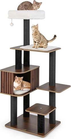 PETSITE 59.5 Inches Modern Cat Tree, Multi-Level Cat Tower with Scratching Posts, Large Condo with Removable Pad, Cushioned Soft Top Perch, and Interactive Dangling Ball (Brown) in Kuwait