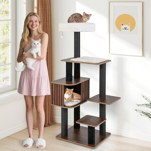 PETSITE 59.5 Inches Modern Cat Tree, Multi-Level Cat Tower with Scratching Posts, Large Condo with Removable Pad, Cushioned Soft Top Perch, and Interactive Dangling Ball (Brown) in Kuwait