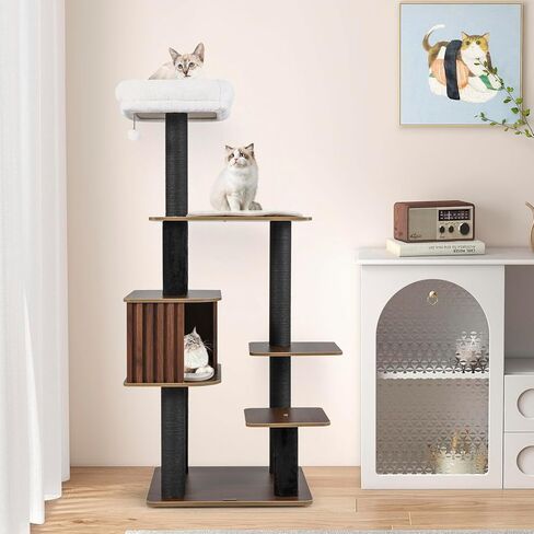 PETSITE 59.5 Inches Modern Cat Tree, Multi-Level Cat Tower with Scratching Posts, Large Condo with Removable Pad, Cushioned Soft Top Perch, and Interactive Dangling Ball (Brown) in Kuwait